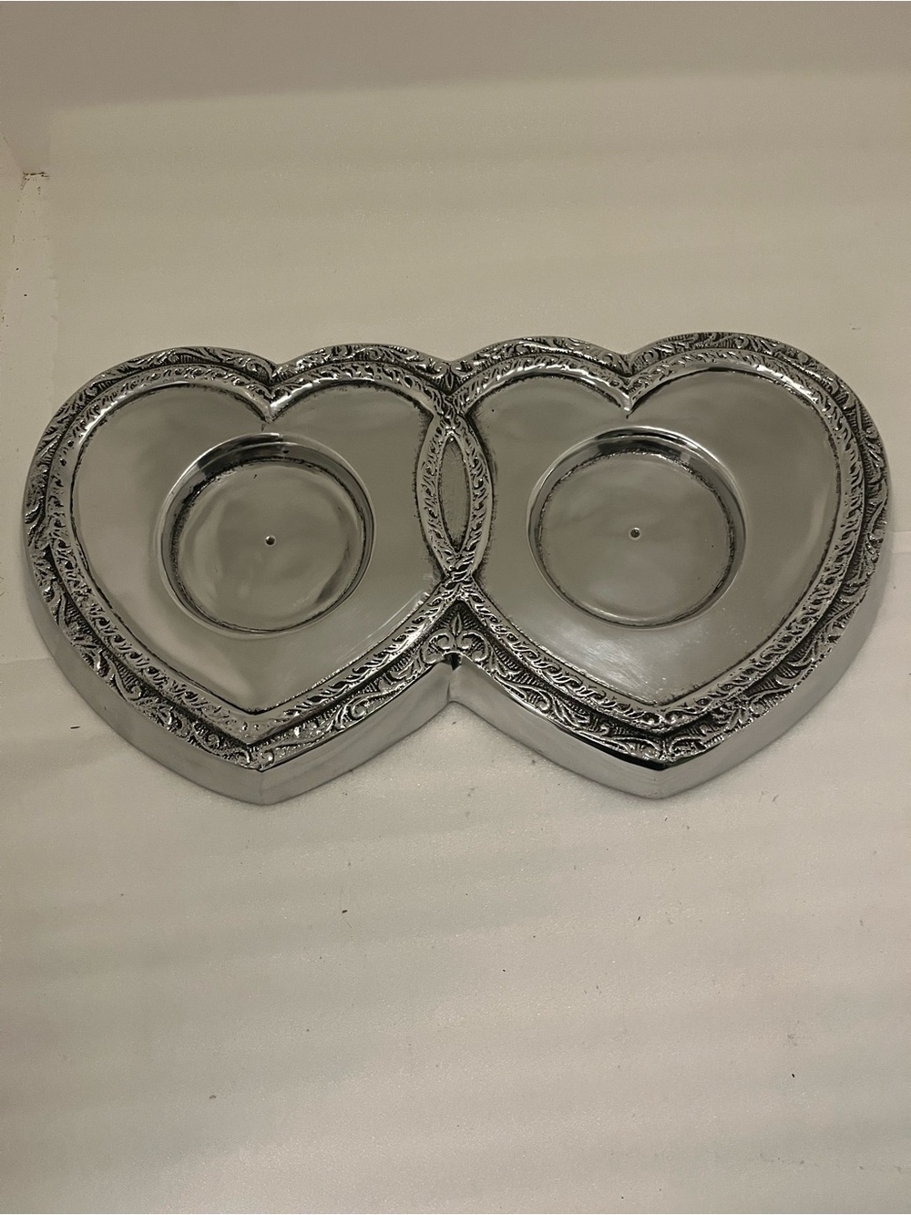 Silver double-heart display base for keepsake urns or memorials pewter 16x9